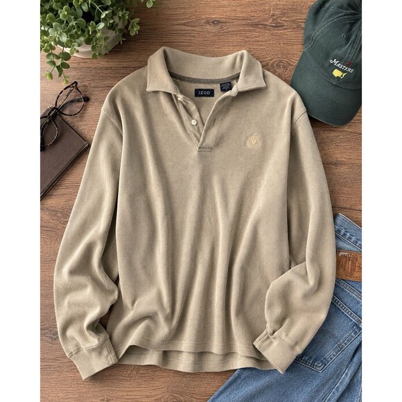 Izod Other - IZOD Men's XL Beige Knit Long Sleeve Polo Shirt Cotton Blend Golf Preppy Casual